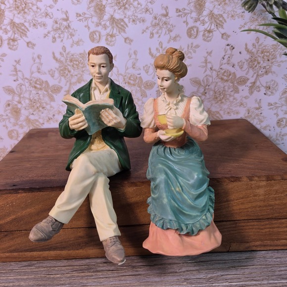 Other - Victorian Shelf Sitter Figurines Resin Man Reading Woman Tea Set 2 Vintage Style